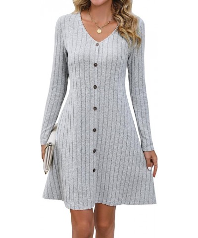 Fall Dresses for Women Vintage A Line V-Neck Button Deco Long Sleeve Knitted Skater Swing Dress Grey $13.95 Dresses