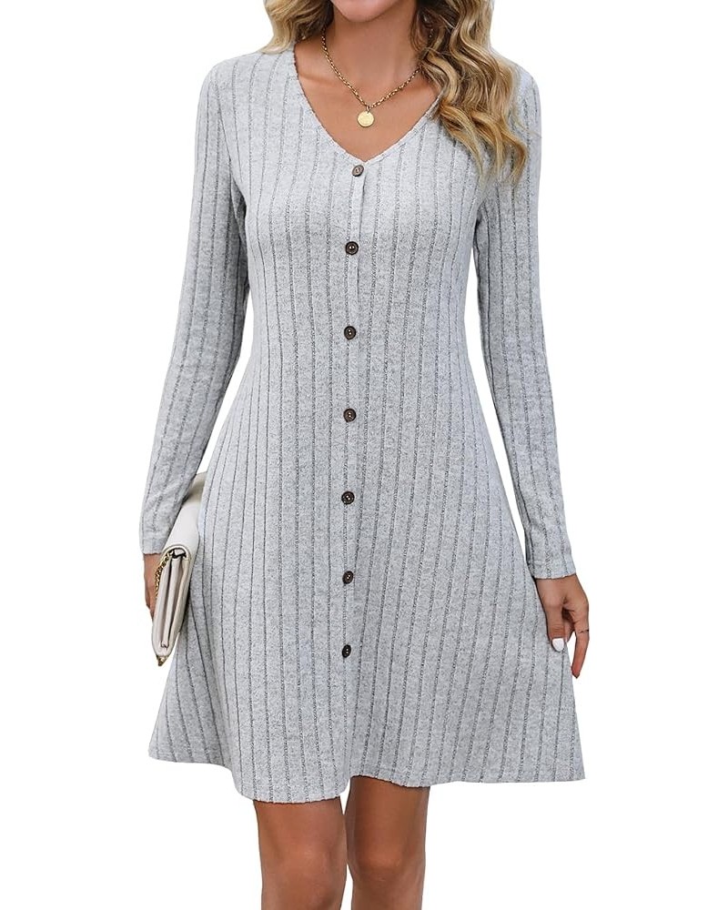 Fall Dresses for Women Vintage A Line V-Neck Button Deco Long Sleeve Knitted Skater Swing Dress Grey $13.95 Dresses