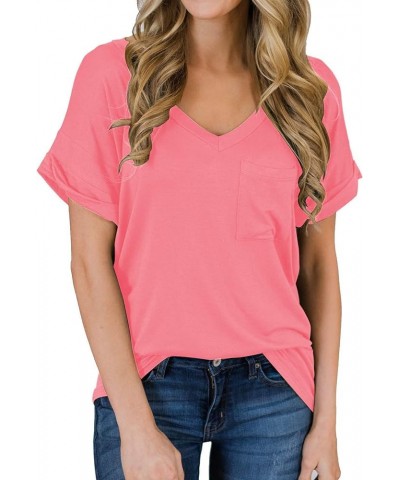 Women's Short Sleeve V-Neck Shirts Loose Casual Tee T-Shirt 06_ Pink $10.80 T-Shirts