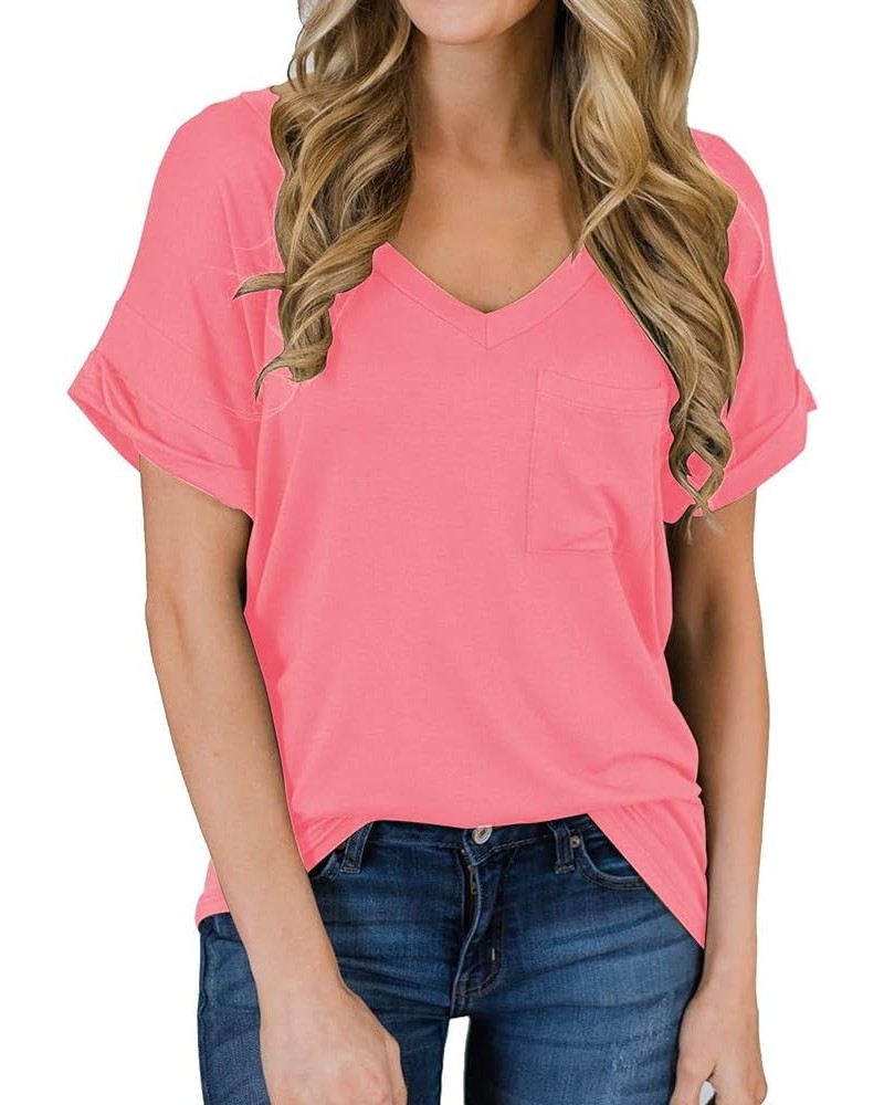 Women's Short Sleeve V-Neck Shirts Loose Casual Tee T-Shirt 06_ Pink $10.80 T-Shirts