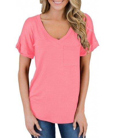 Women's Short Sleeve V-Neck Shirts Loose Casual Tee T-Shirt 06_ Pink $10.80 T-Shirts