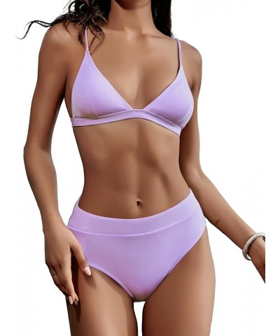 Ribbed High Waisted Tummy Control Bikini Sets for Women Push Up Triangle Bathing Suit Two Piece High Cut Swimsuit Purple $20....