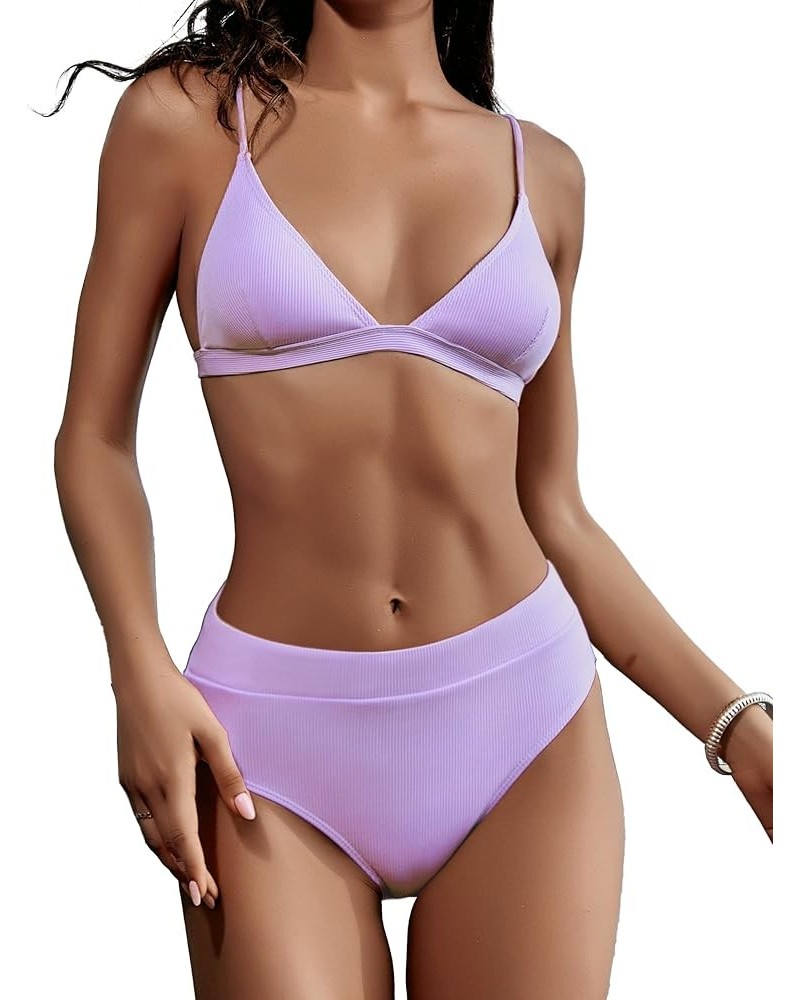 Ribbed High Waisted Tummy Control Bikini Sets for Women Push Up Triangle Bathing Suit Two Piece High Cut Swimsuit Purple $20....