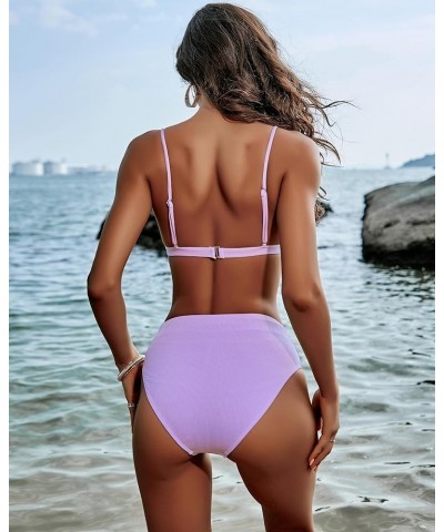 Ribbed High Waisted Tummy Control Bikini Sets for Women Push Up Triangle Bathing Suit Two Piece High Cut Swimsuit Purple $20....