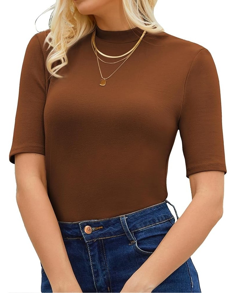 Womens Mock Neck Tops Dressy Casual Half Short Sleeve Mock Turtleneck Shirts Basic Tee Tops Blouse Brown $17.39 T-Shirts