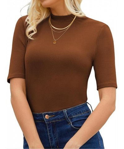 Womens Mock Neck Tops Dressy Casual Half Short Sleeve Mock Turtleneck Shirts Basic Tee Tops Blouse Brown $17.39 T-Shirts