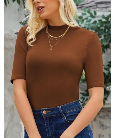 Womens Mock Neck Tops Dressy Casual Half Short Sleeve Mock Turtleneck Shirts Basic Tee Tops Blouse Brown $17.39 T-Shirts