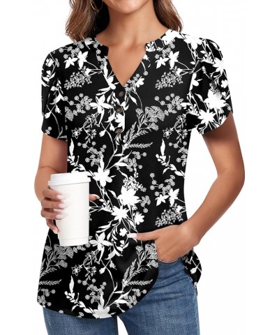 2024 Summer Womens Henley Tunic Tops Button Down T-Shirts Petal Sleeve V-Neck Casual Blouses Black Wind Chime Flower $12.82 Tops