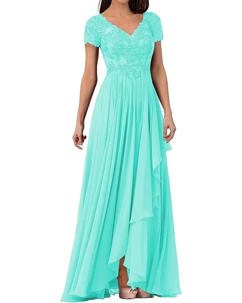 V Neck Lace Applique Long Mother of The Bride Wedding Dresses Women's Cap Sleeve Chiffon Formal Party Dress Turquoise $34.65 ...