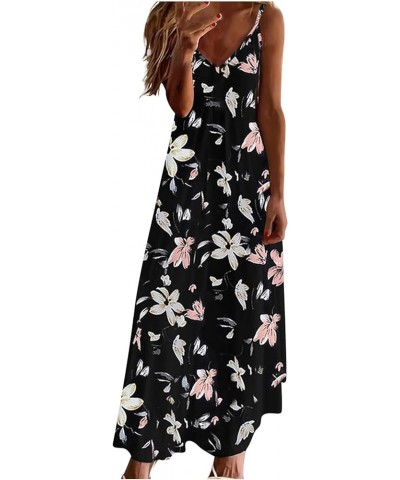 Summer Dresses for Women 2024 Fashion Printed V Neck Maxi Dress Casual Spaghetti Strap Loose Dress Long Beach Dress 01 Black ...