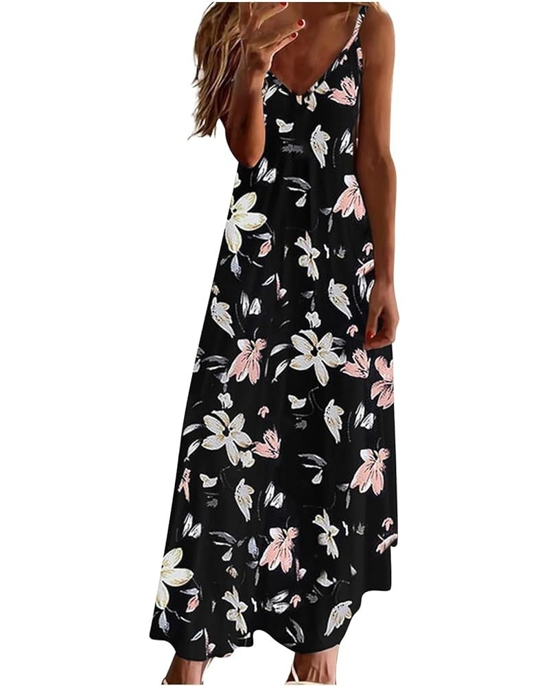 Summer Dresses for Women 2024 Fashion Printed V Neck Maxi Dress Casual Spaghetti Strap Loose Dress Long Beach Dress 01 Black ...