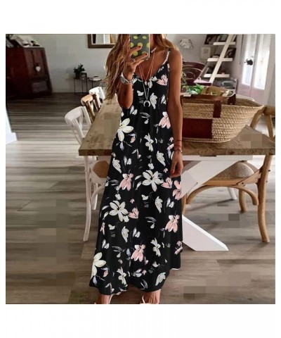 Summer Dresses for Women 2024 Fashion Printed V Neck Maxi Dress Casual Spaghetti Strap Loose Dress Long Beach Dress 01 Black ...