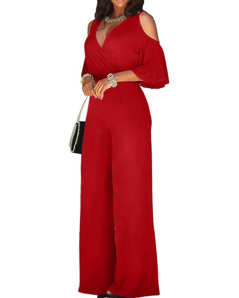 Women Sexy Dressy V-Neck Short Sleeve Off The Shoulders One Piece Formal Jumpsuits Rompers Overalls 2024 New Pants Red $12.71...