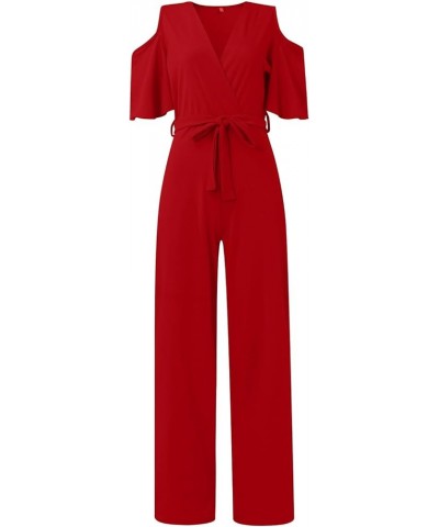 Women Sexy Dressy V-Neck Short Sleeve Off The Shoulders One Piece Formal Jumpsuits Rompers Overalls 2024 New Pants Red $12.71...