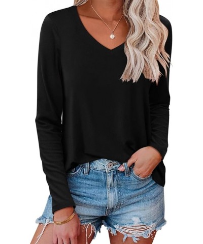 Womens Long Sleeve Shirts V Neck Basic Tops Casual Solid Color Tees C Black $12.99 T-Shirts