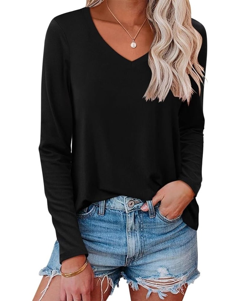 Womens Long Sleeve Shirts V Neck Basic Tops Casual Solid Color Tees C Black $12.99 T-Shirts