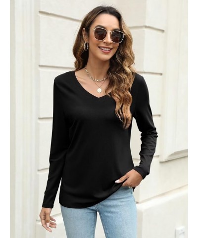 Womens Long Sleeve Shirts V Neck Basic Tops Casual Solid Color Tees C Black $12.99 T-Shirts