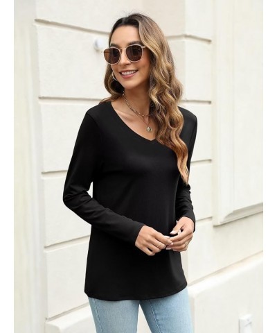 Womens Long Sleeve Shirts V Neck Basic Tops Casual Solid Color Tees C Black $12.99 T-Shirts