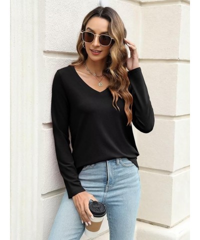 Womens Long Sleeve Shirts V Neck Basic Tops Casual Solid Color Tees C Black $12.99 T-Shirts