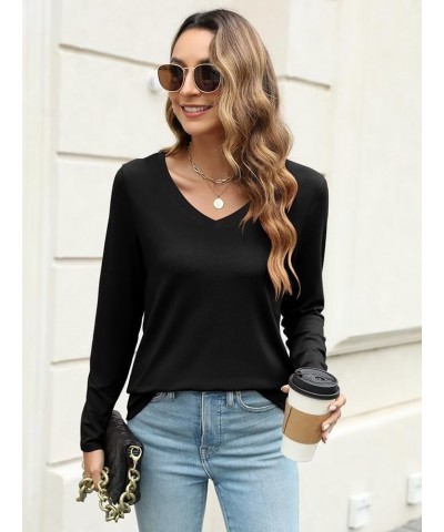 Womens Long Sleeve Shirts V Neck Basic Tops Casual Solid Color Tees C Black $12.99 T-Shirts