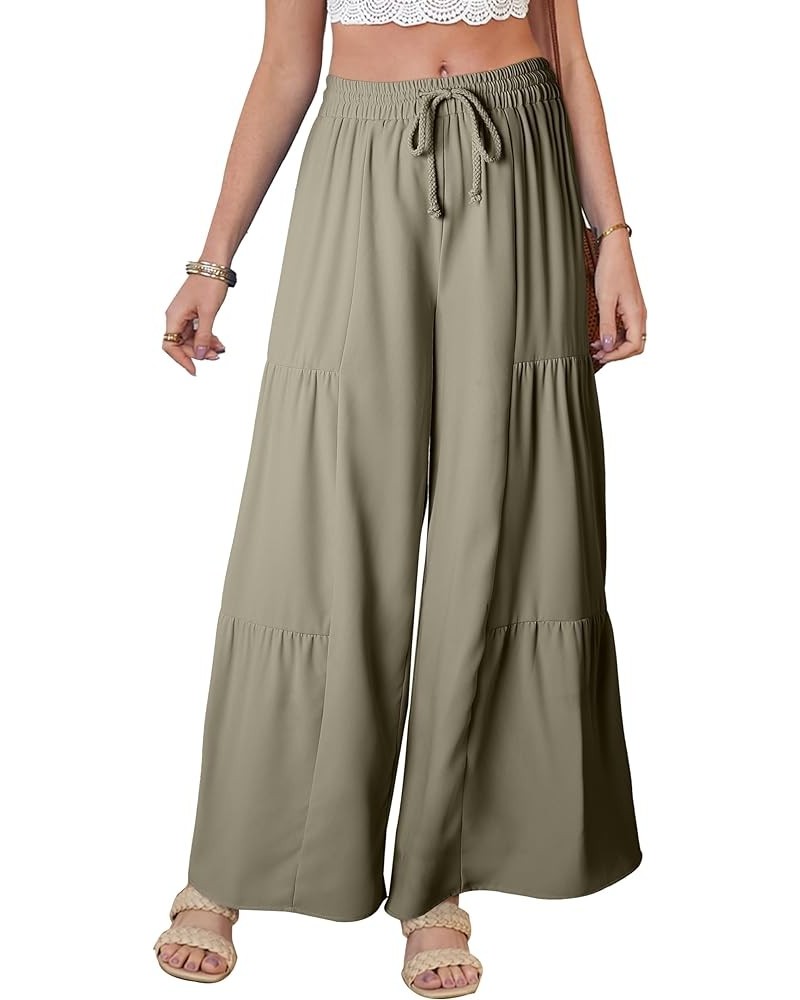 Womens Boho Print Palazzo Pants Elastic High Waist Drawstring Wide Leg Hippie Flowy Pants Solid Green $20.64 Pants