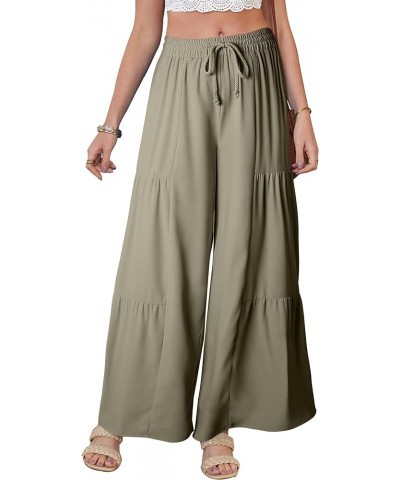 Womens Boho Print Palazzo Pants Elastic High Waist Drawstring Wide Leg Hippie Flowy Pants Solid Green $20.64 Pants