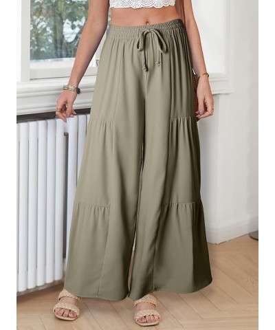 Womens Boho Print Palazzo Pants Elastic High Waist Drawstring Wide Leg Hippie Flowy Pants Solid Green $20.64 Pants