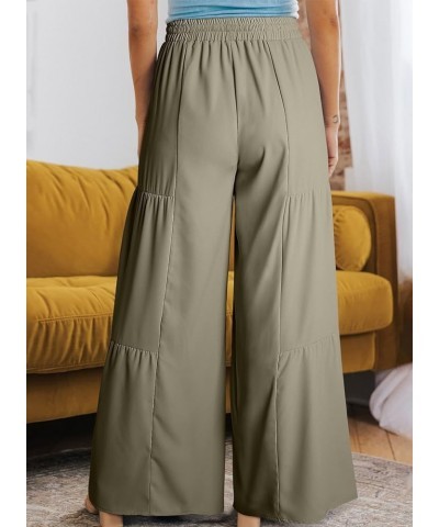 Womens Boho Print Palazzo Pants Elastic High Waist Drawstring Wide Leg Hippie Flowy Pants Solid Green $20.64 Pants