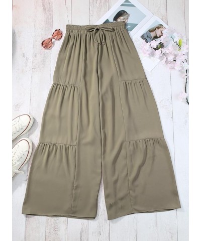 Womens Boho Print Palazzo Pants Elastic High Waist Drawstring Wide Leg Hippie Flowy Pants Solid Green $20.64 Pants