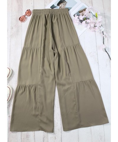 Womens Boho Print Palazzo Pants Elastic High Waist Drawstring Wide Leg Hippie Flowy Pants Solid Green $20.64 Pants