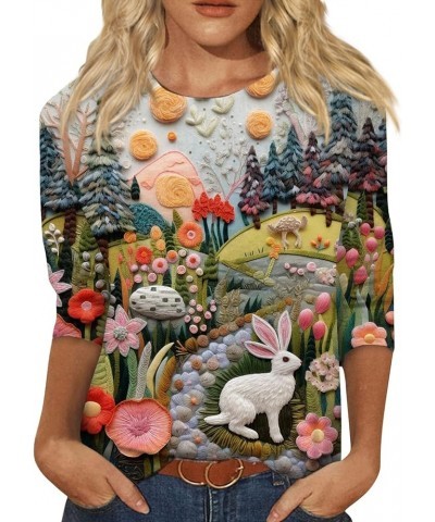 Easter Day Shirt for Women Three-Quarter Sleeve Tops Funny Cute 3D Simulated Rabbit Print Pattern Casual Tshirt Gray $8.39 T-...