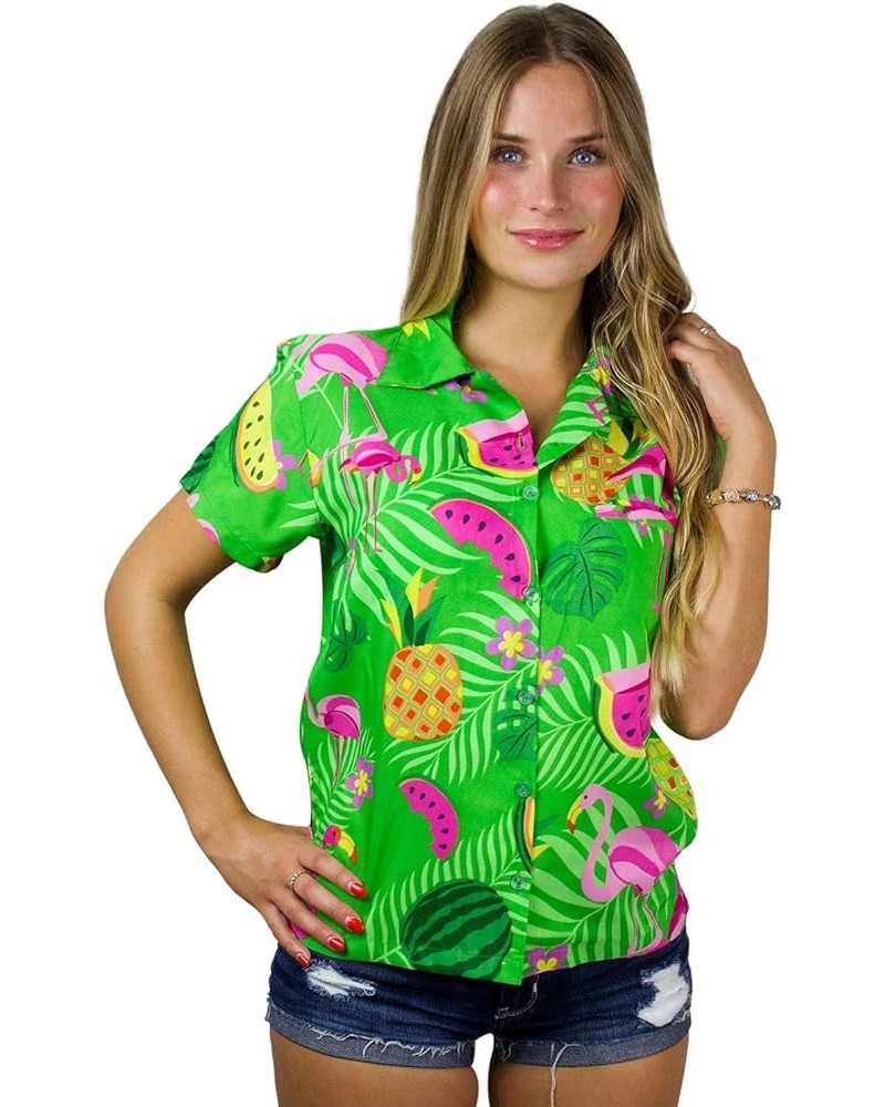 Funky Casual Hawaiian Blouse Shirt for Women Front Pocket Button Down Very Loud Shortsleeve Small Flower Print Green $15.62 B...