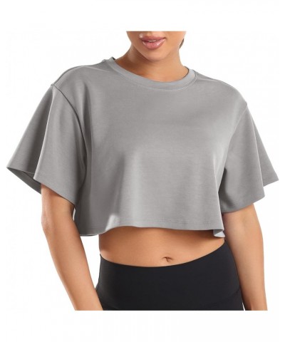 Women's Oversized Crew Neck Cap Sleeve Modal Crop Top Sweater Pullover Athletic Charcoal Grey $16.20 Activewear