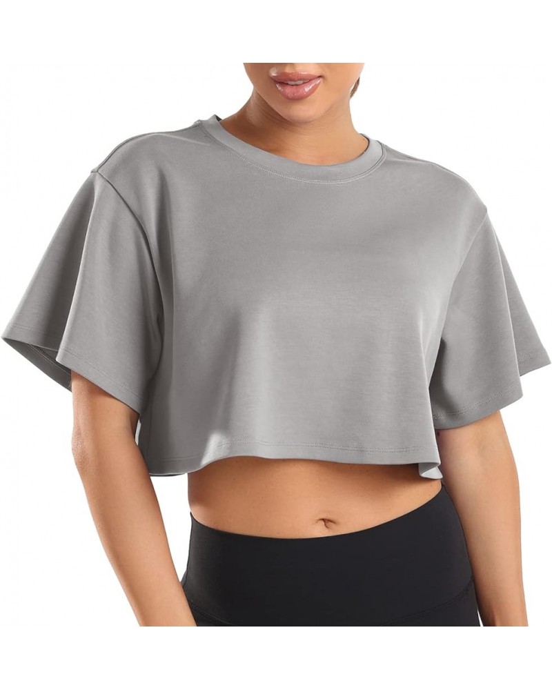 Women's Oversized Crew Neck Cap Sleeve Modal Crop Top Sweater Pullover Athletic Charcoal Grey $16.20 Activewear