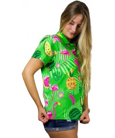 Funky Casual Hawaiian Blouse Shirt for Women Front Pocket Button Down Very Loud Shortsleeve Small Flower Print Green $15.62 B...