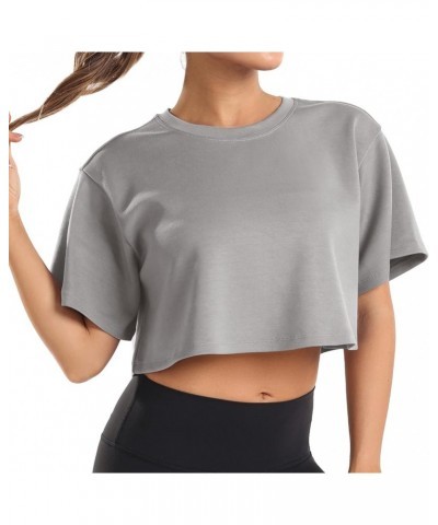 Women's Oversized Crew Neck Cap Sleeve Modal Crop Top Sweater Pullover Athletic Charcoal Grey $16.20 Activewear