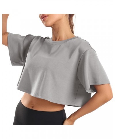 Women's Oversized Crew Neck Cap Sleeve Modal Crop Top Sweater Pullover Athletic Charcoal Grey $16.20 Activewear