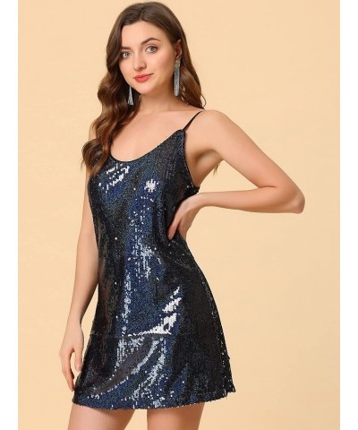 Women's Glitter Sequin Dress V Neck Spaghetti Strap Christmas Mini Party Dress Clubwear Deep Blue $18.90 Dresses