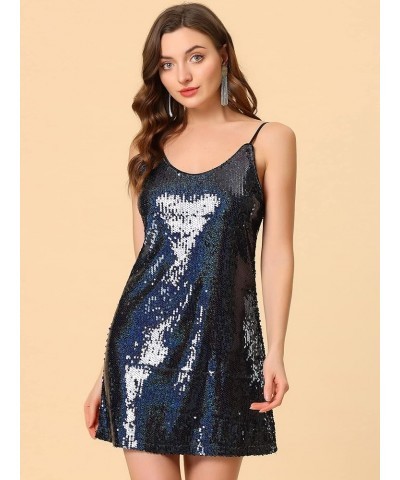 Women's Glitter Sequin Dress V Neck Spaghetti Strap Christmas Mini Party Dress Clubwear Deep Blue $18.90 Dresses