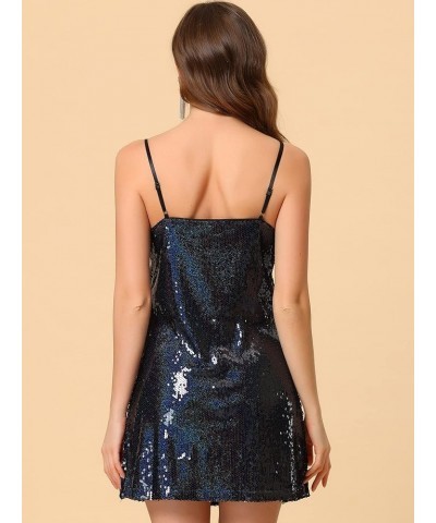 Women's Glitter Sequin Dress V Neck Spaghetti Strap Christmas Mini Party Dress Clubwear Deep Blue $18.90 Dresses