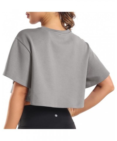 Women's Oversized Crew Neck Cap Sleeve Modal Crop Top Sweater Pullover Athletic Charcoal Grey $16.20 Activewear