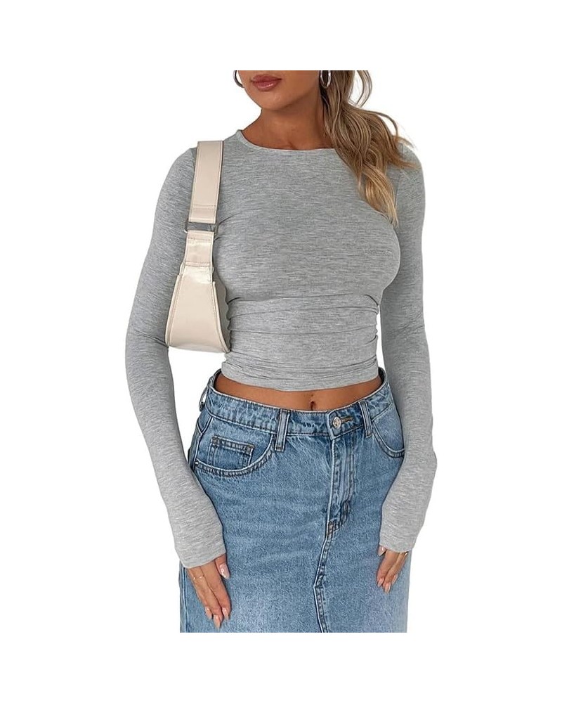 Women Long Sleeve Pullover Crop Tops Oblique Shoulder Ruched T-Shirt Bodycon Going Out Tee Shirts Streetwear Light Gray-b $6....