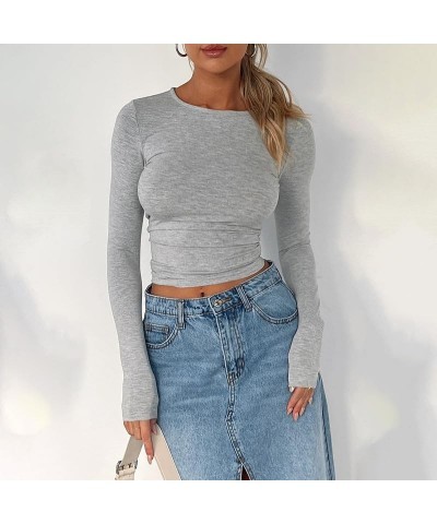 Women Long Sleeve Pullover Crop Tops Oblique Shoulder Ruched T-Shirt Bodycon Going Out Tee Shirts Streetwear Light Gray-b $6....