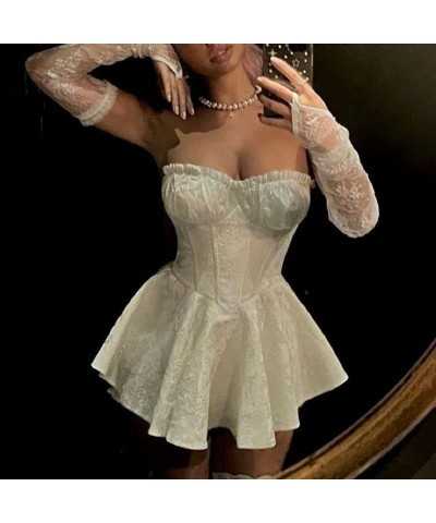 Women Y2k Off Shoulder Mini Tube Dress Floral Print Open Back Strapless Bodycon Short Dress Sexy Party Club Dress E-01 Lace R...