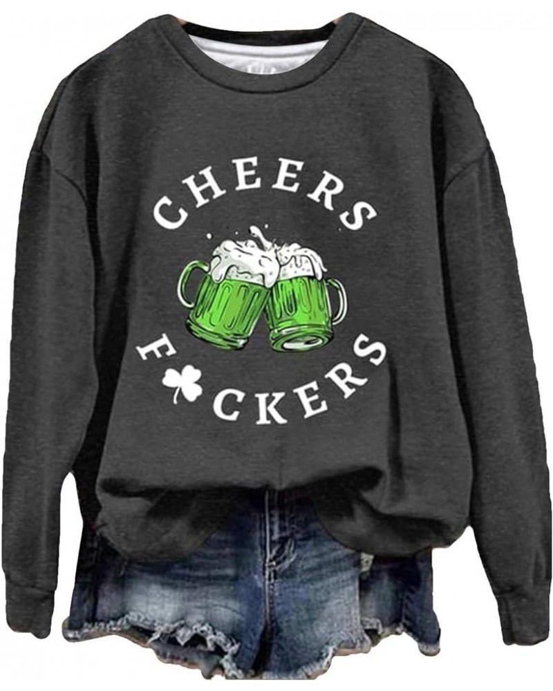 Womens St Patricks Day Sweatshirts Irish Lucky Green Shamrock Long Sleeve Crewneck Shirts A Dark Gray $8.83 Hoodies & Sweatsh...