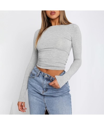 Women Long Sleeve Pullover Crop Tops Oblique Shoulder Ruched T-Shirt Bodycon Going Out Tee Shirts Streetwear Light Gray-b $6....