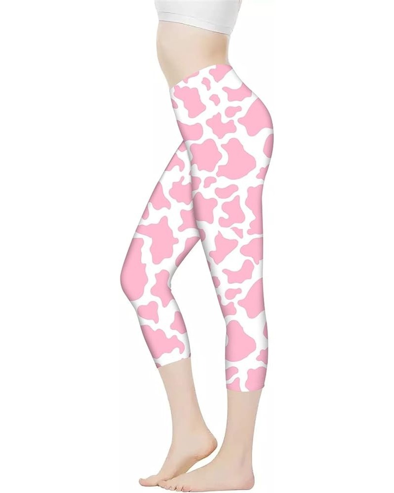 Women Capri Yoga Leggings High Waist Stretch Sports Workout Pants Tummy Control Pink Cow Print $11.25 Pants