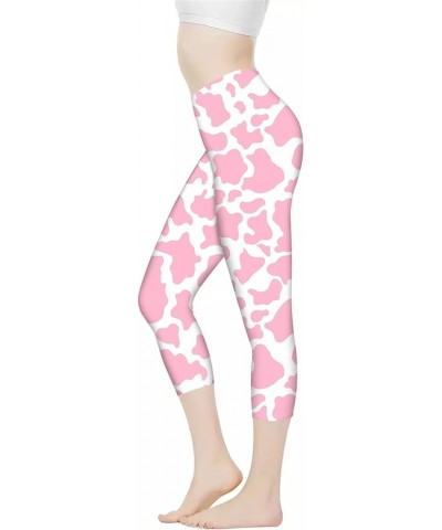 Women Capri Yoga Leggings High Waist Stretch Sports Workout Pants Tummy Control Pink Cow Print $11.25 Pants