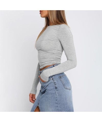 Women Long Sleeve Pullover Crop Tops Oblique Shoulder Ruched T-Shirt Bodycon Going Out Tee Shirts Streetwear Light Gray-b $6....