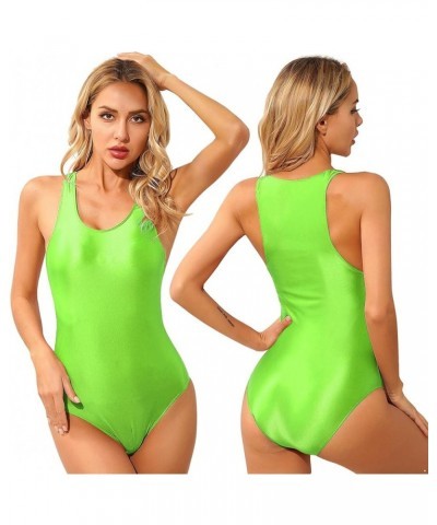 Women's 80s/90s Inspired Glossy Body Suit High Cut One Piece Thong Tank Leotards Swimsuits 2fluorescent Green a $6.87 Swimsuits